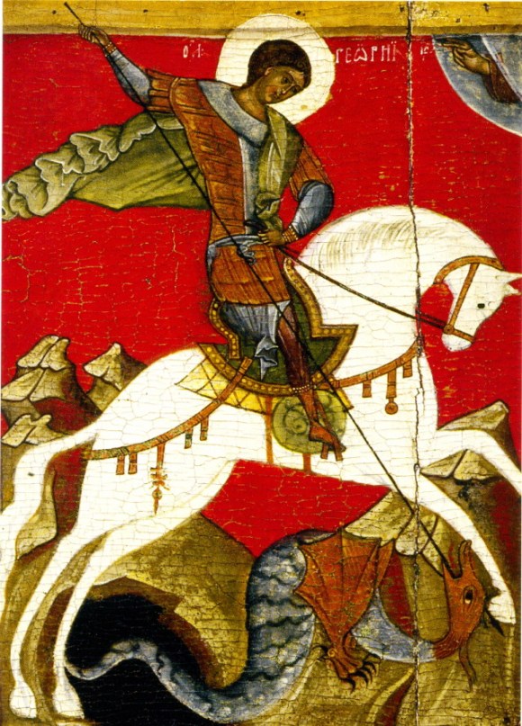San Jorge matando al Dragón, Escuela de Nóvgorod (silglos XII-XVI). Témpera sobre tabla.